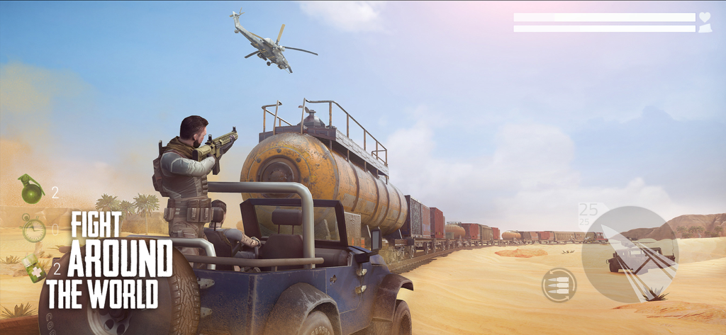 Cover Fire: Gun Shooting games - Soldado en un jeep disparando a un tren en movimiento en un entorno desértico