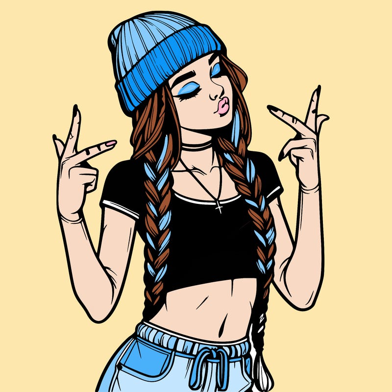 realistic teenage girl with braids and a beanie and crop top doing 🫶🏼