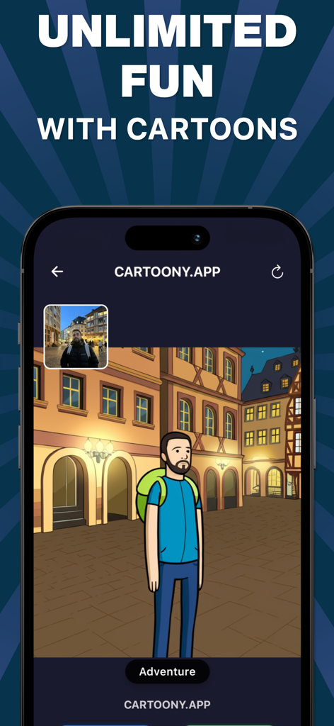Cartoony: Anime Cartoon Maker - A mobile app interface demonstrating a real-life photo of a man in a city street transformed into a clean cartoon illustration using the Adventure style filter.