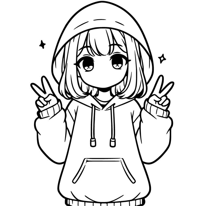 a teenage girl in an oversized hoodie standing with a peace sign