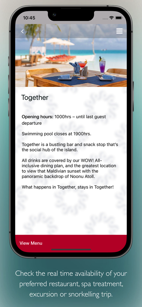 Siyam World - Tela de informações para o bar Together no aplicativo móvel Siyam World mostrando horário de funcionamento e vista da praia.