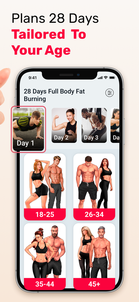 HeartMe mobile app interface showing 28 day workout plans tailored for different age groups