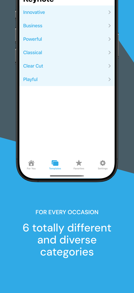 Pantalla móvil mostrando seis categorías de plantillas de presentación que incluyen Negocios Innovadores Potentes y Divertidos en la aplicación Keynote Pro