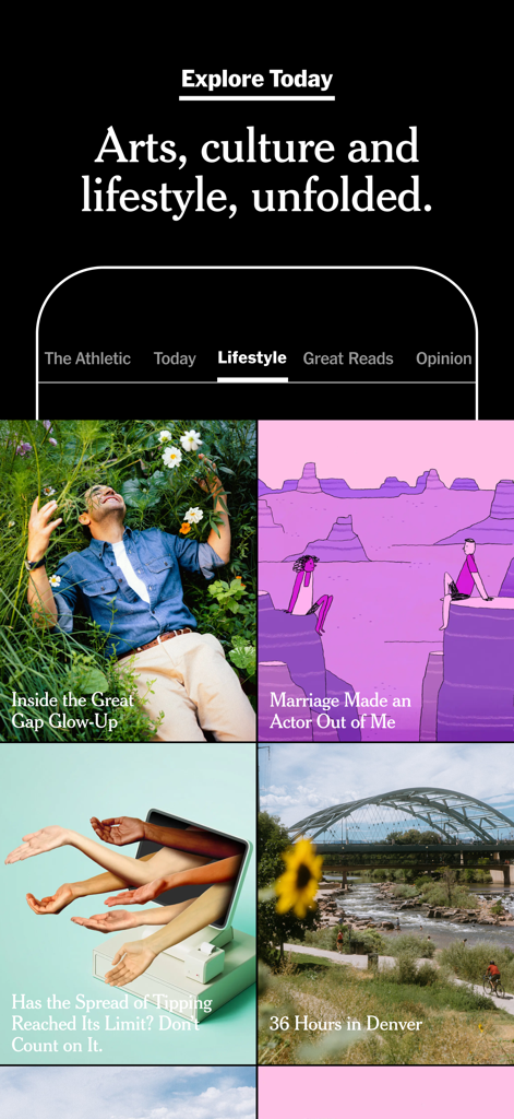 NYTimes: US and Global News - A tela do aplicativo The New York Times apresentando artigos de estilo de vida, artes e cultura.