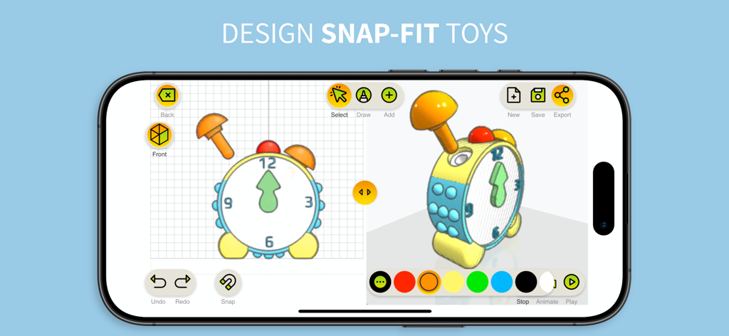 ToyCAD: Easiest 3D Drawing App - 모바일 장치에서 스냅 피트 장난감 시계의 3D 디자인을 보여주는 ToyCAD 앱 인터페이스