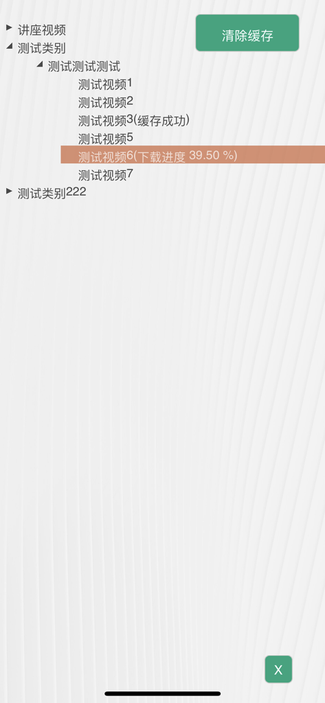 Mobile app interface showing a list of video files with download progress and a cache management button
