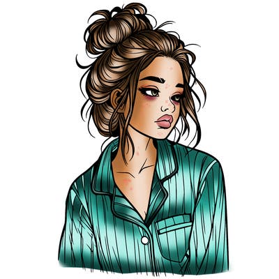 realistic woman with pajamas on and a messy bun