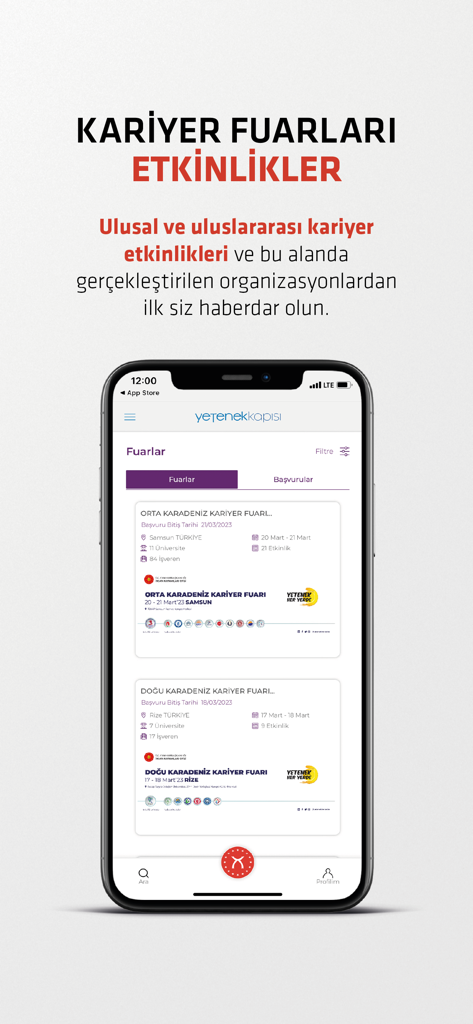 e-insan - Mobile screenshot of the e-insan app displaying a list of national career fairs and professional events in Turkey.
