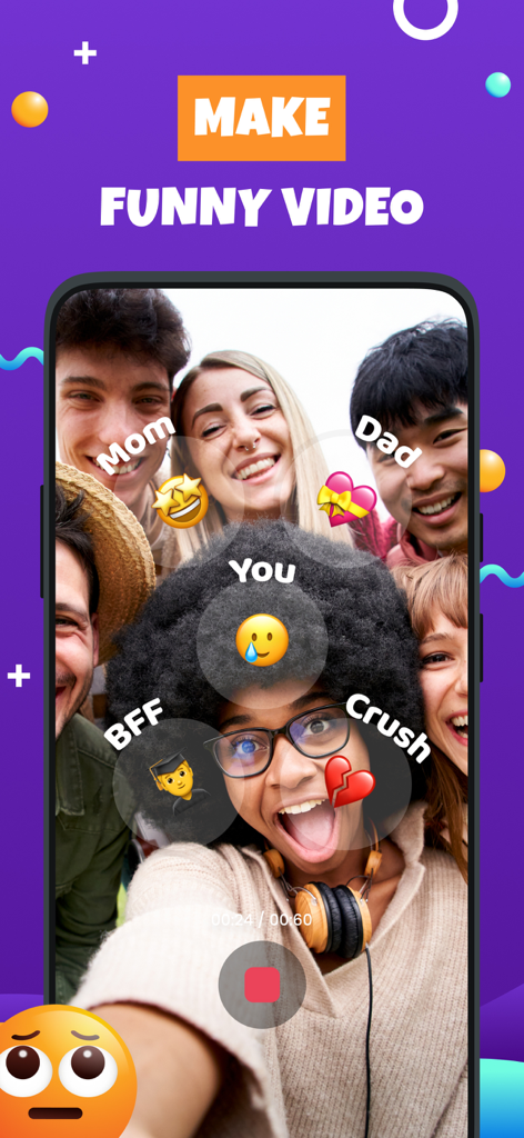 Emoji Craze: Funfest Filters - A group of friends using the Emoji Craze app to create funny videos with emoji face filters