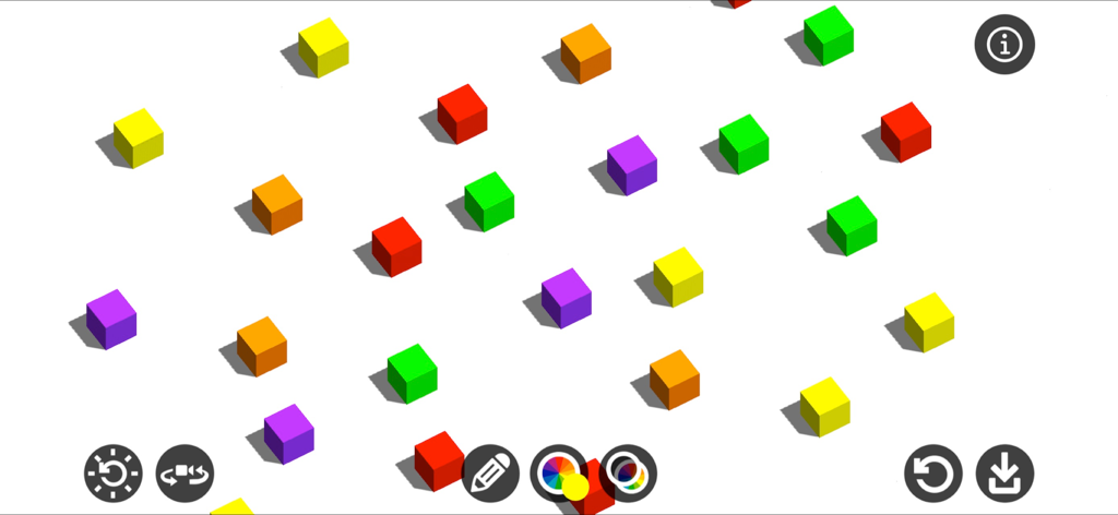 Pixel Draw 3D - 3D-Pixelkunst-Editor-Oberfläche, die bunte Voxel-Würfel mit Schatten auf einer weißen Leinwand zeigt