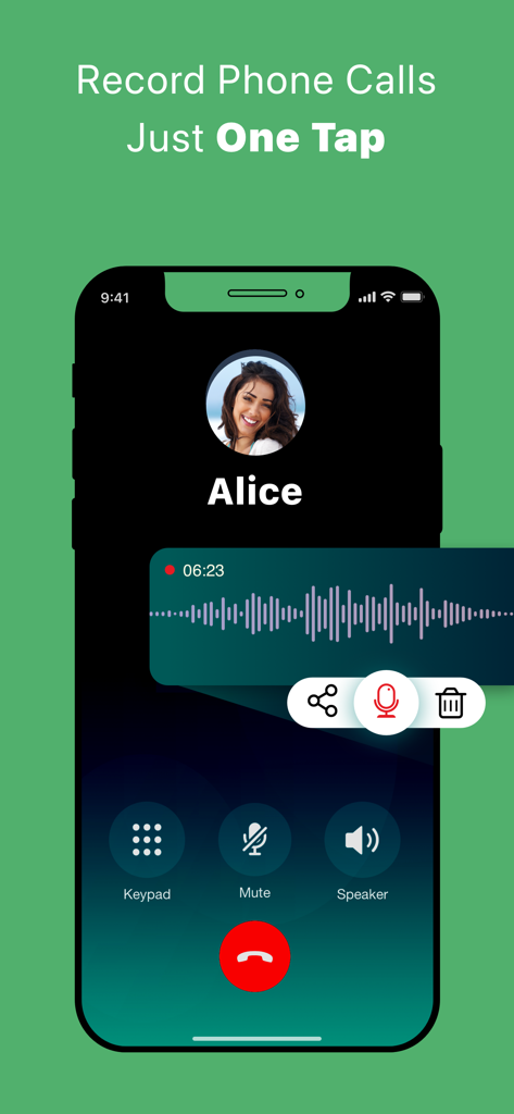 Interface do aplicativo Número de Telefone Secundário mostrando o recurso de gravação de chamadas com um toque durante uma chamada ativa com um contato chamado Alice.