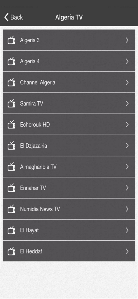 Live Arabic Tv - List of Algerian television channels in the Live Arabic Tv mobile app interface