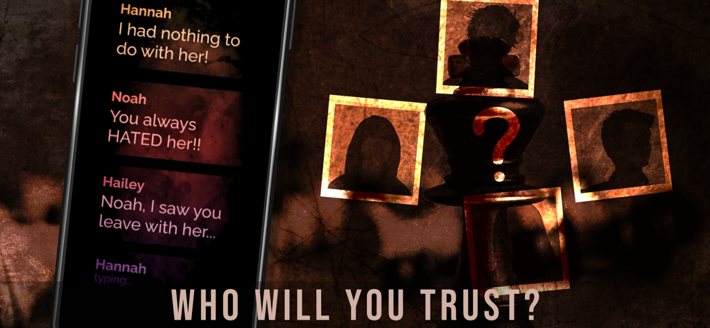 A detective game interface showing a suspicious chat conversation and character silhouettes with the text Who Will You Trust.