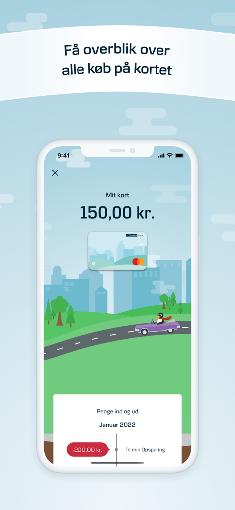 Lommepenge app screenshot showing a childs card balance and transaction history overview.