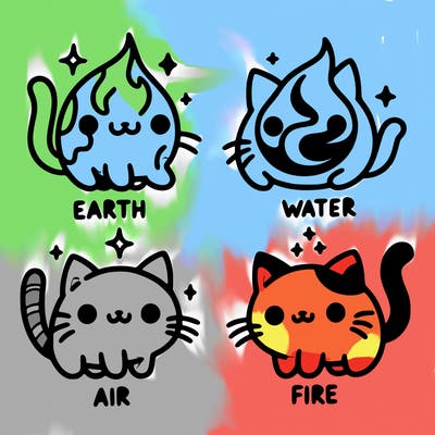 4 cats that represent the different elements, earth, water, air, and fire