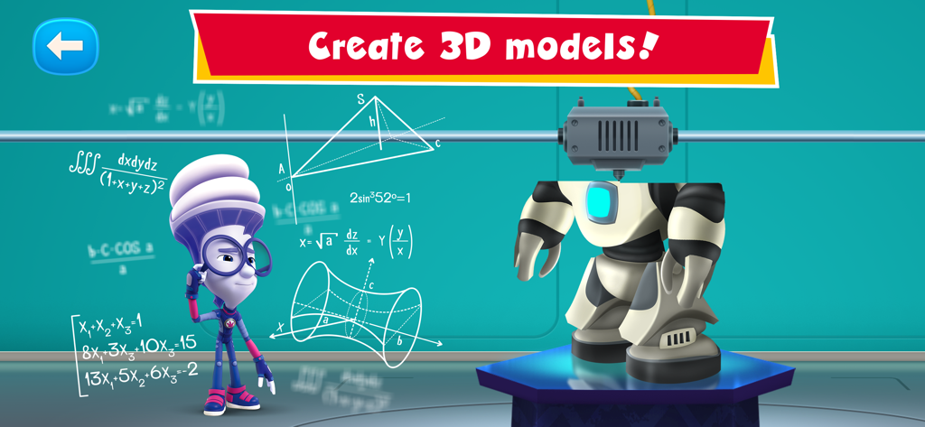 A character from The Fixies examining math formulas while a 3D printer builds a robot model.