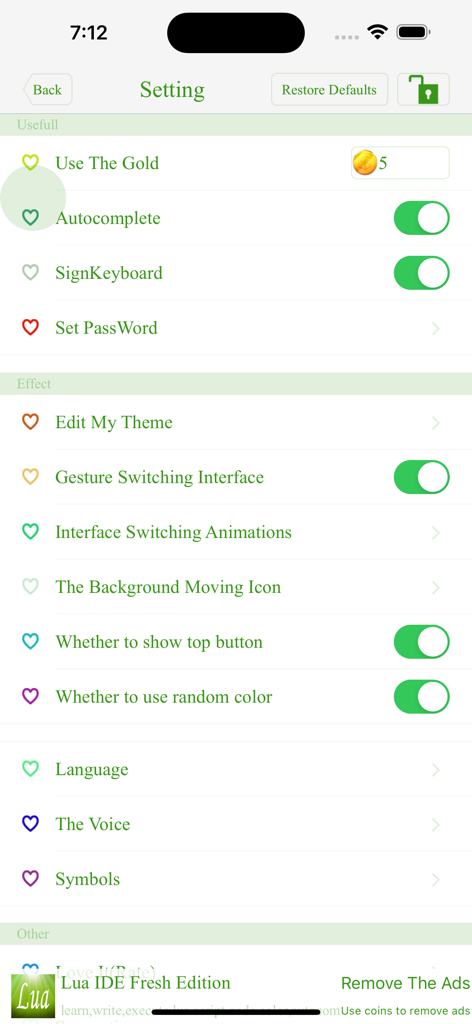 Perl IDE Fresh Edition - The settings screen of the Perl IDE Fresh Edition app featuring options for autocomplete theme customization and interface effects
