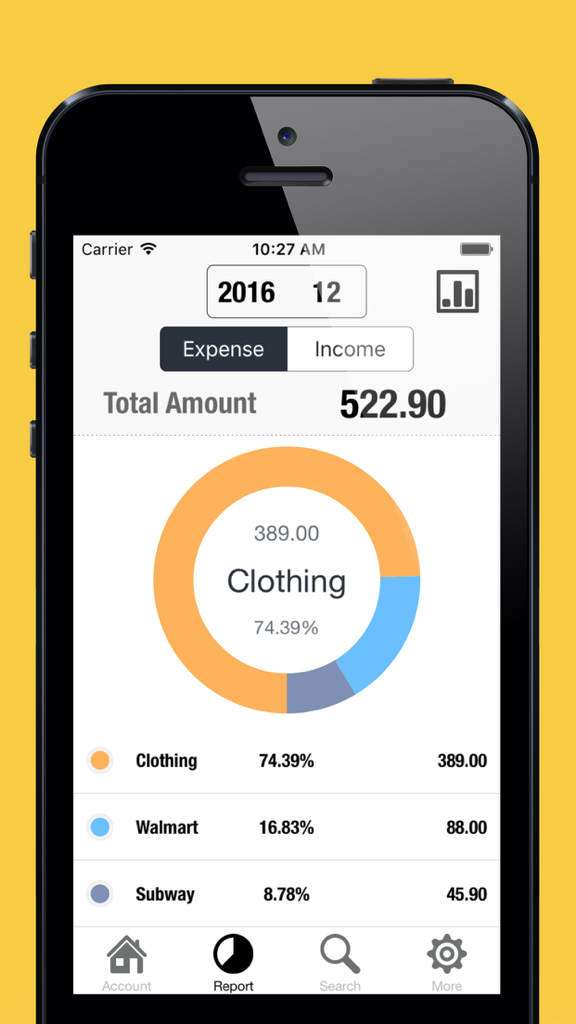 A donut chart in the Spending Tracker app showing a breakdown of monthly expenses by category.