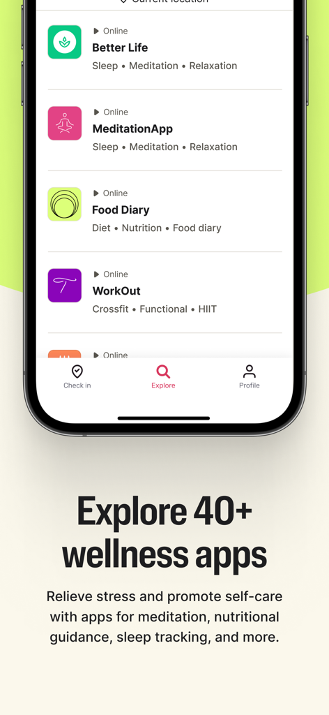 Pantalla de la app Wellhub mostrando una lista de apps de bienestar integradas para meditación, nutrición y fitness.