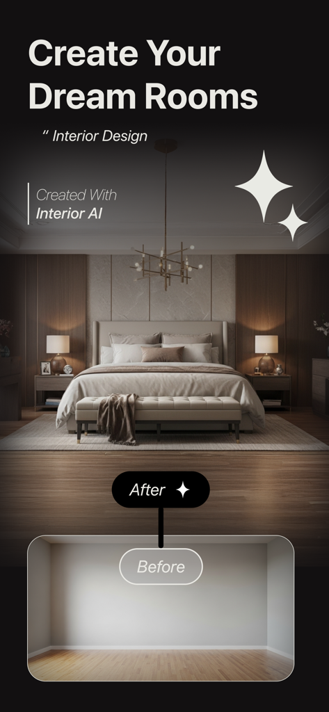 Interior AI: AI Home Designer - AI 인테리어 디자인으로 현대적인 침실로 변신한 빈 방을 보여주는 전후 비교.