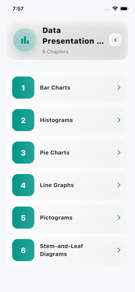GCSE Statistics Practice Pro - A list of statistics practice topics including bar charts histograms and pie charts on a mobile app interface