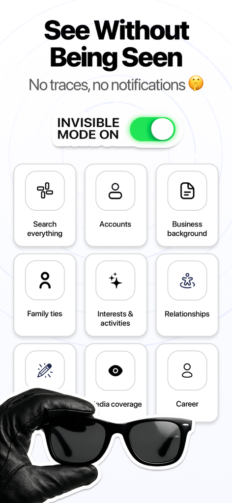 Scout: Deep Search AI - Scout app interface showing invisible mode toggle and public information search categories