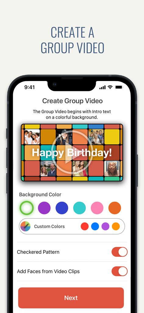 Interface of the Memento app showing the create group video screen with a Happy Birthday preview and color customization options.