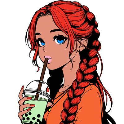 realistic girl with braided hair drinking boba