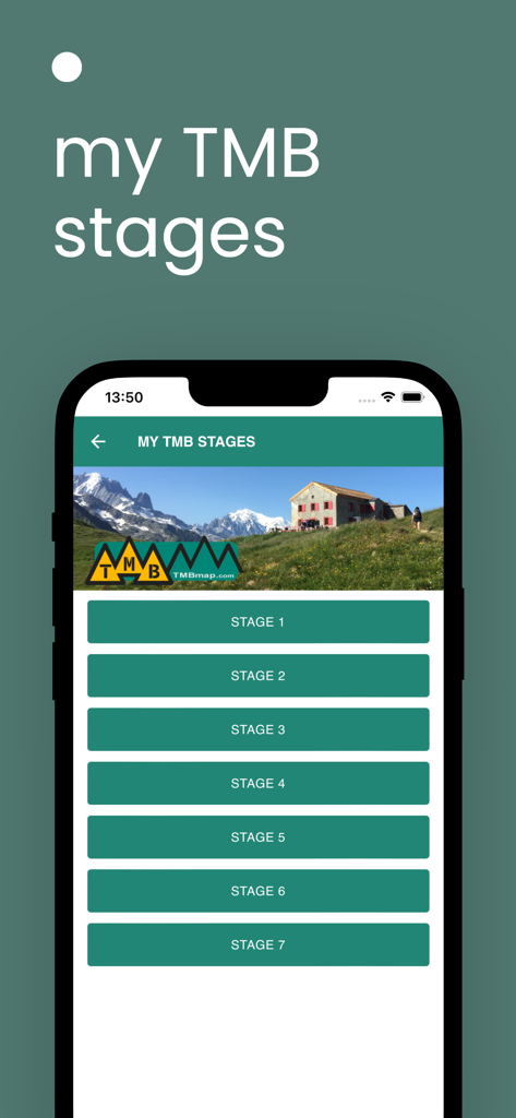 TMBmap - A mobile screen from the TMBmap app showing a list of seven daily trekking stages for a Tour du Mont Blanc itinerary