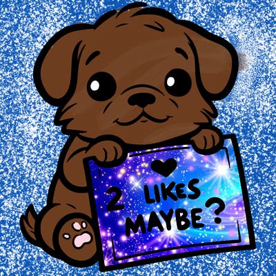 a puppy holding a sign that says 2 likes maybe?
