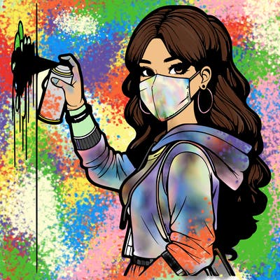 realistic girl with mask spray painting a wall