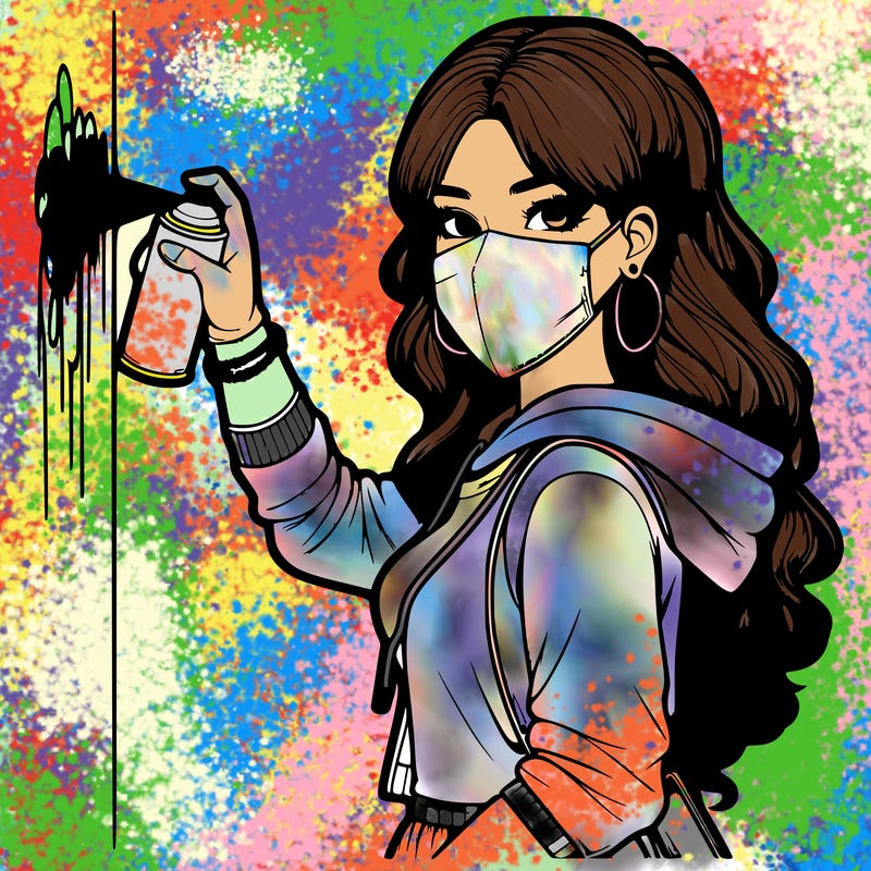 realistic girl with mask spray painting a wall