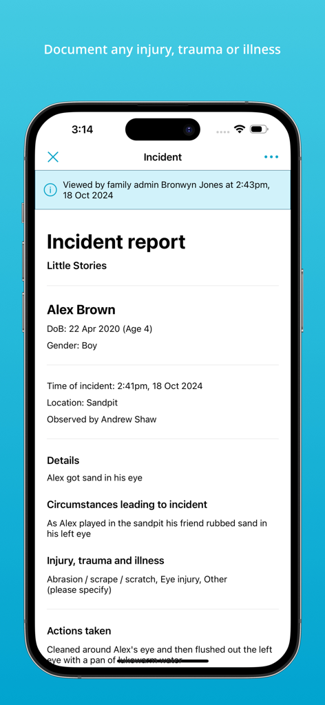 Storypark for Educators - Incident report interface on Storypark for Educators app showing details of a child injury including location and actions taken