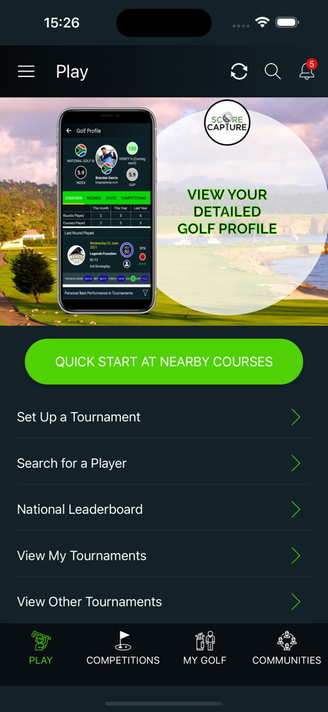 ScoreCapture - The home screen of the ScoreCapture golf app featuring tournament setup and player profile options.