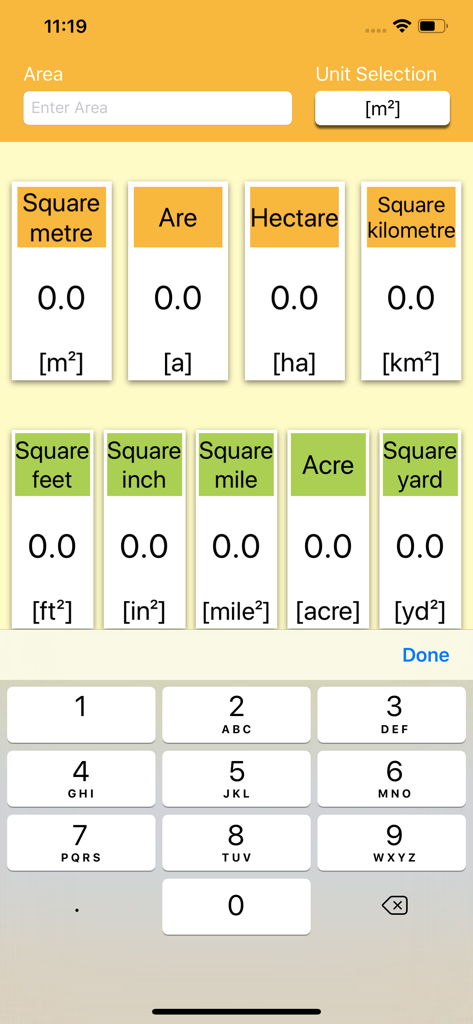 平方メートル、フィート、エーカーなどの様々な単位での同時換算を表示する面積単位変換アプリのインターフェース