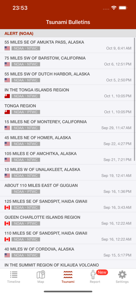 Earthquake - alerts and map - A list of tsunami alerts and bulletins from NOAA shown in the Earthquake app