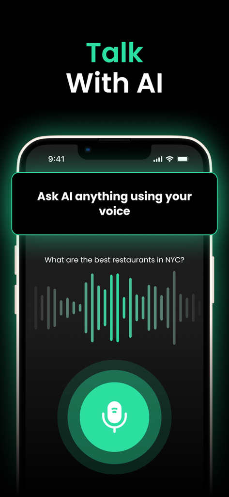 ChatBy AI Chat Bot and Creator - ChatBy AI voice chat interface on iPhone featuring a microphone button and audio waveform