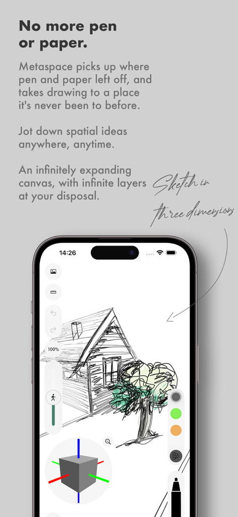 Metaspace - 3D Sketchbook - Metaspace 3D Sketchbook app on iPhone showing a three dimensional house sketch on an infinite canvas
