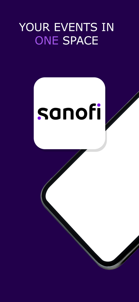 Sanofi Events & Congresses - Splash screen of the Sanofi Events and Congresses app with company logo and text Your events in one space