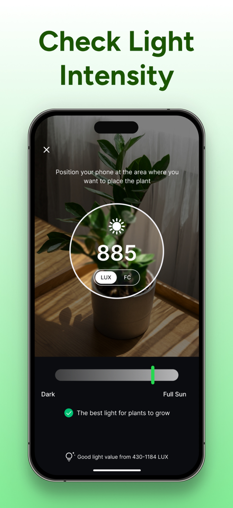 PlantCheck: Plant Identifier - Interfaz del medidor de luz de la aplicación PlantCheck midiendo 885 LUX para una planta de interior