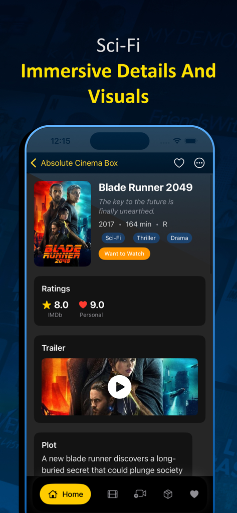 Absolute - Movies & TVShow Box - Interfaz de la aplicación que muestra detalles de la película Blade Runner 2049, incluyendo tráiler y calificaciones.