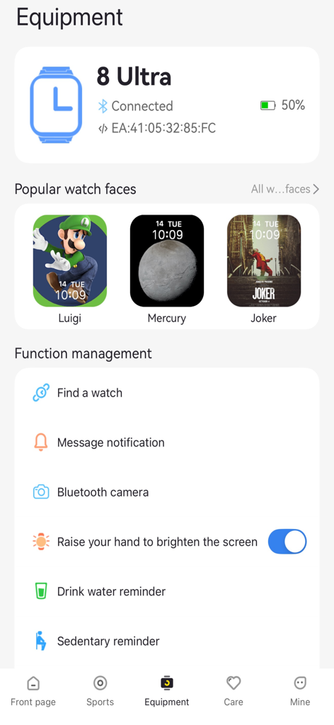 H wear Pro - Equipment management screen in the H wear Pro app showing smartwatch connection status watch faces and function settings