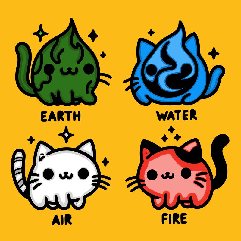 4 cats that represent the different elements, earth, water, air, and fire