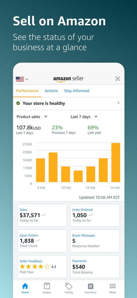 Amazon Seller app dashboard displaying product sales charts and store performance metrics