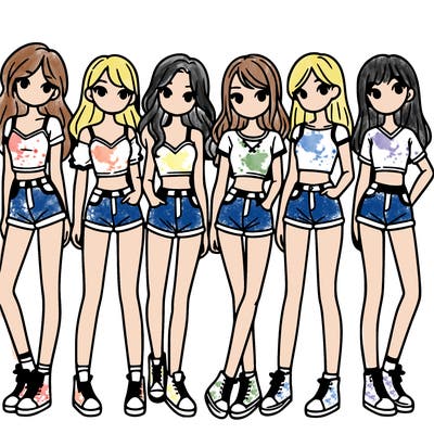 a group of girls wearing crop tops and shorts
