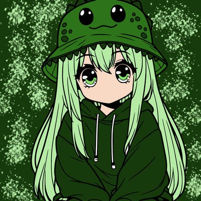 girl with anime shaped eyes with a dinosaur bucket hat oversized sweatshirt long straight hair