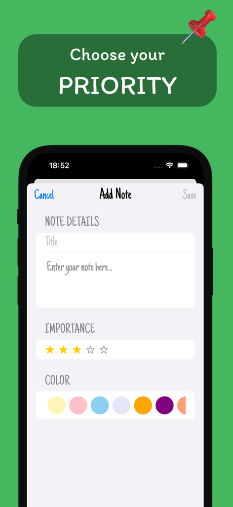 Sticky Notes Widget++ - Pantalla de añadir nota que muestra el campo de título, estrellas de importancia y paleta de selección de color