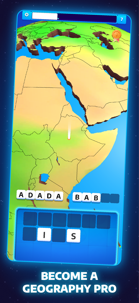 JordGlobe World Geography Game - Screenshot of JordGlobe geography game showing a map of Africa and a word puzzle to guess a city