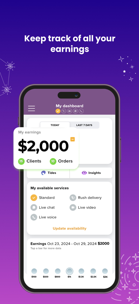 Purple Advisors app dashboard displaying two thousand dollars in earnings and available services