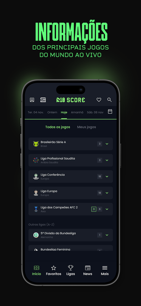 R10 Score - Live Scores - R10 Score app interface showing a list of live soccer leagues and match information on a smartphone